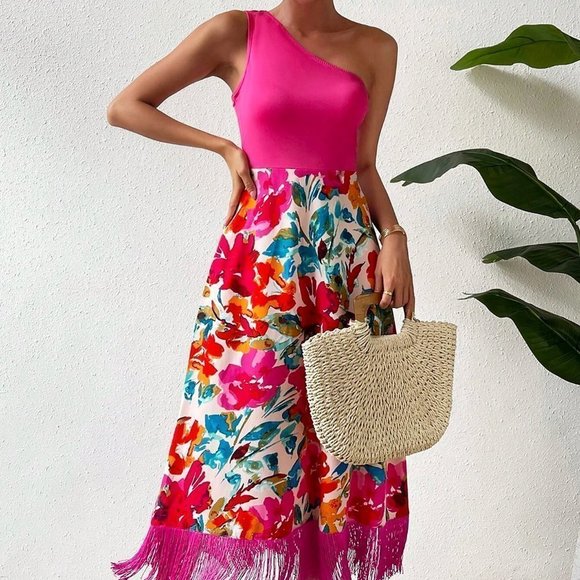MODA ME COUTURE Dresses & Skirts - Boho Floral Print One Shoulder Fringe Hem Dress